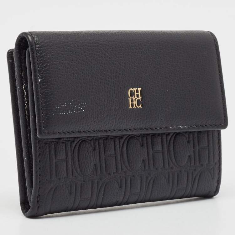 Pre Owned CH Carolina Herrera Black Monogram Leather Compact Wallet