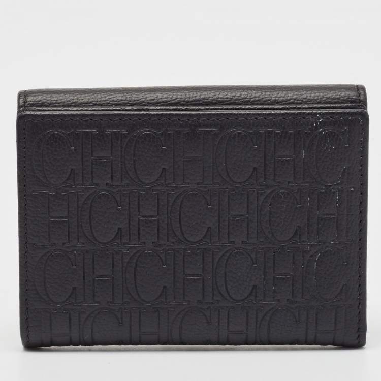 Pre Owned CH Carolina Herrera Black Monogram Leather Compact Wallet