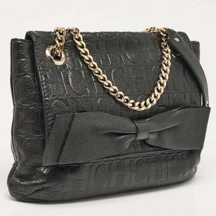 Pre Owned CH Carolina Herrera Black Monogram Embossed Leather Audrey Shoulder Bag
