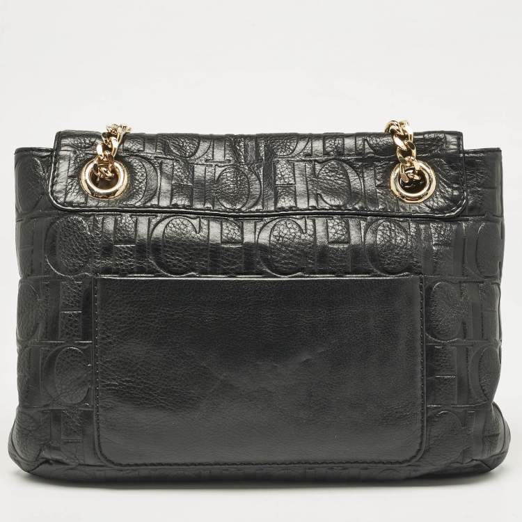 Pre Owned CH Carolina Herrera Black Monogram Embossed Leather Audrey Shoulder Bag