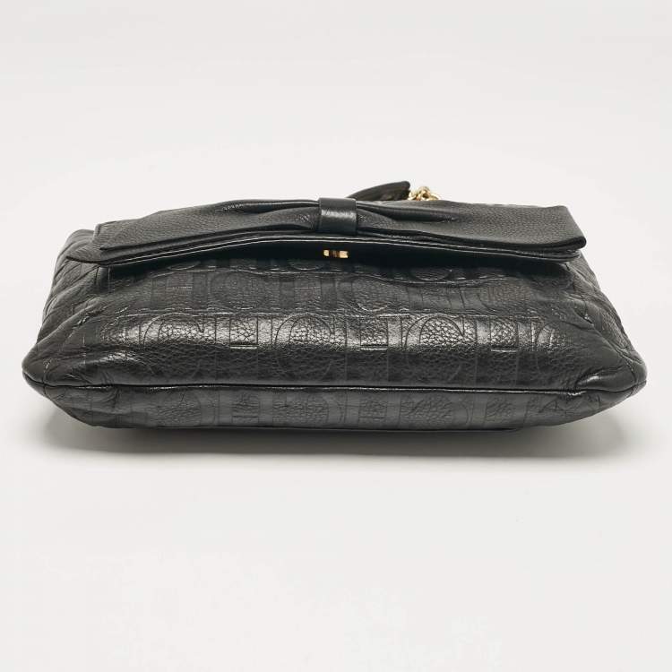 Pre Owned CH Carolina Herrera Black Monogram Embossed Leather Audrey Shoulder Bag