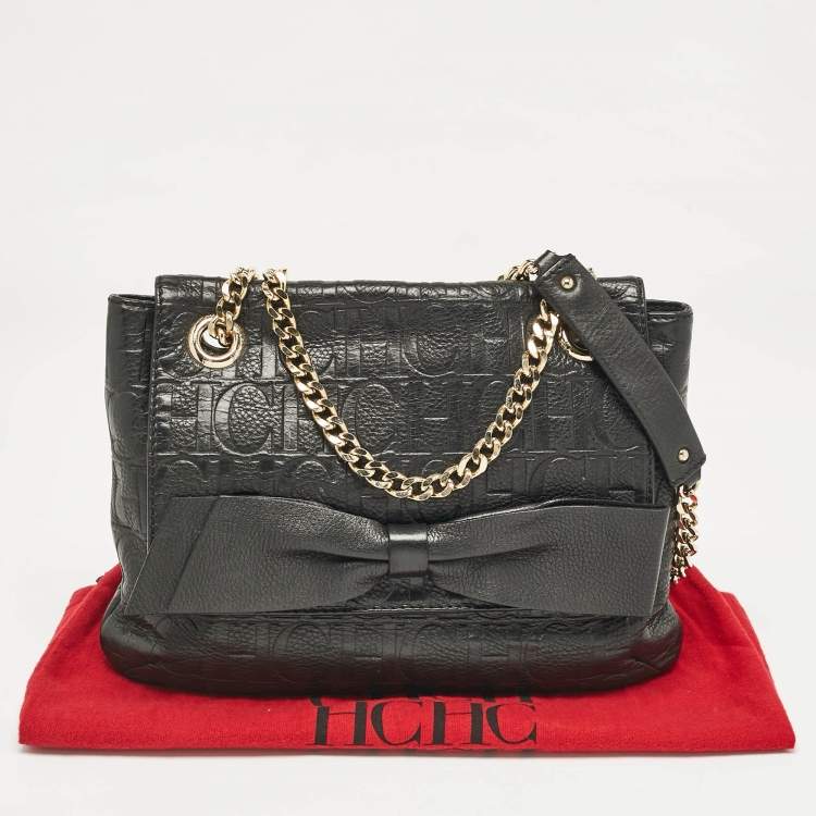 Pre Owned CH Carolina Herrera Black Monogram Embossed Leather Audrey Shoulder Bag