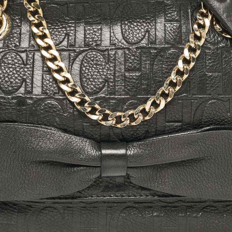 Pre Owned CH Carolina Herrera Black Monogram Embossed Leather Audrey Shoulder Bag