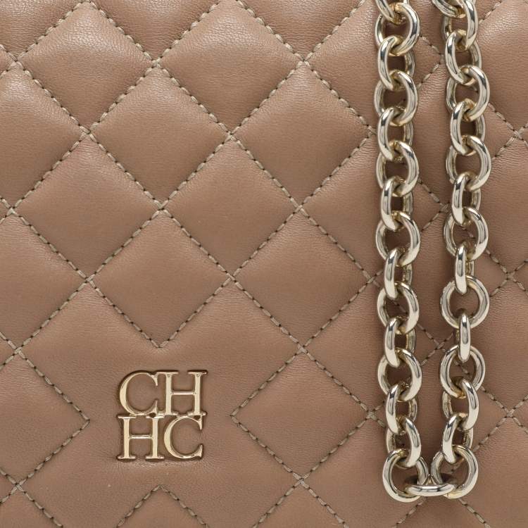 Pre Owned CH Carolina Herrera Beige Quilted Leather Flap Shoulder Bag