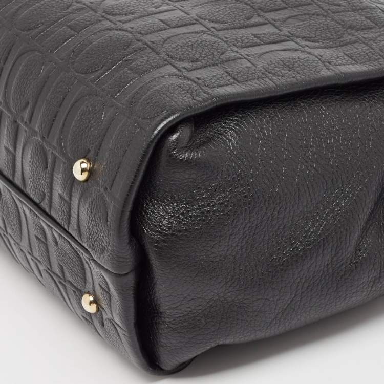 Pre Owned CH Carolina Herrera Black Monogram Embossed Leather Zip Chain Shoulder Bag
