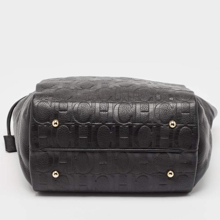 Pre Owned CH Carolina Herrera Black Monogram Embossed Leather Zip Chain Shoulder Bag