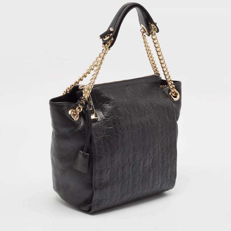 Pre Owned CH Carolina Herrera Black Monogram Embossed Leather Zip Chain Shoulder Bag