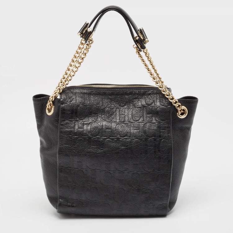 Pre Owned CH Carolina Herrera Black Monogram Embossed Leather Zip Chain Shoulder Bag
