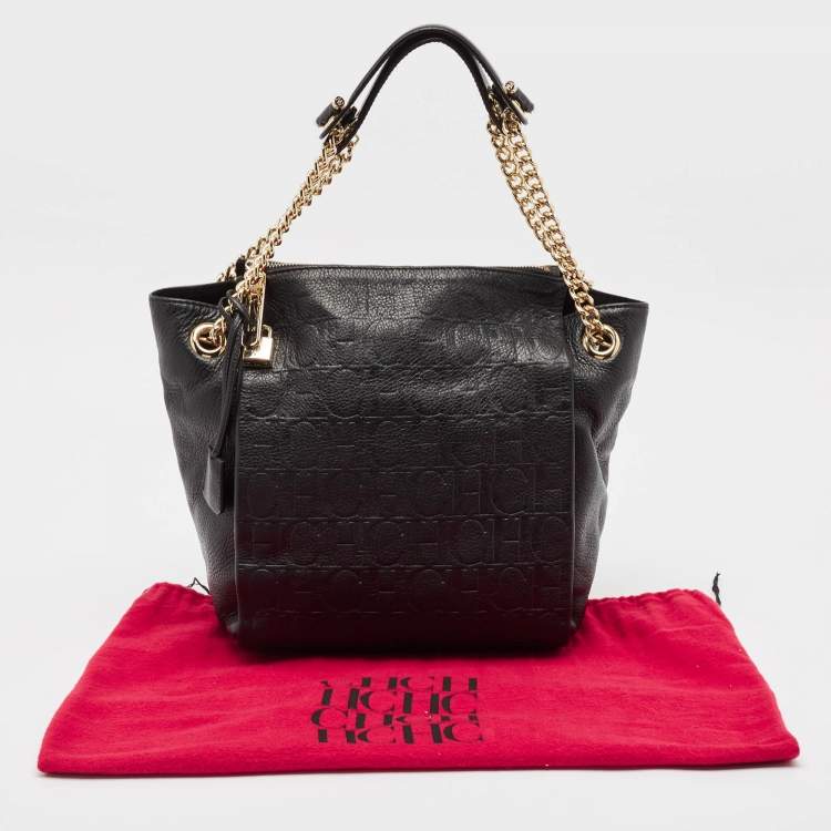 Pre Owned CH Carolina Herrera Black Monogram Embossed Leather Zip Chain Shoulder Bag
