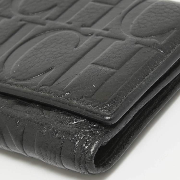 Pre Owned CH Carolina Herrera Black Monogram Embossed Leather Trifold Continental Wallet