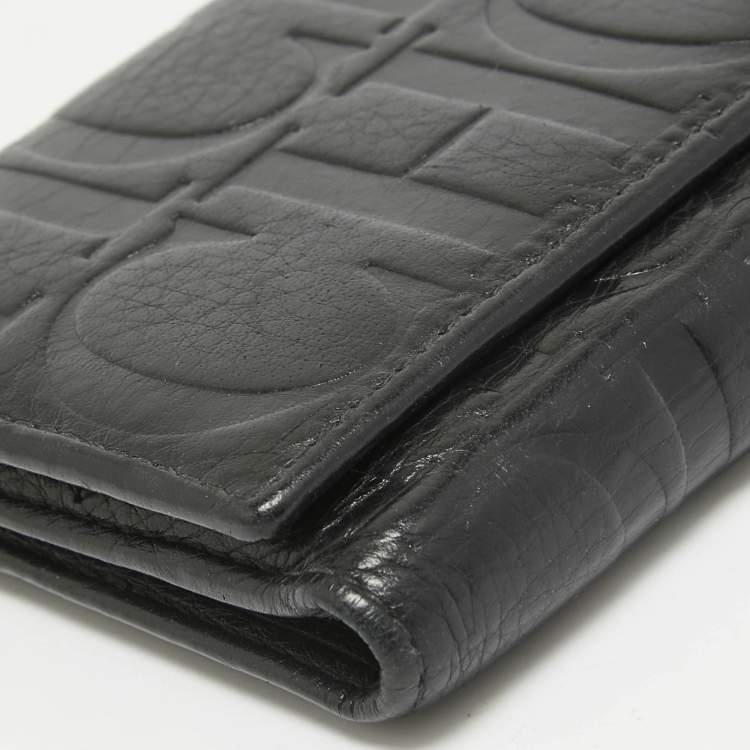 Pre Owned CH Carolina Herrera Black Monogram Embossed Leather Trifold Continental Wallet