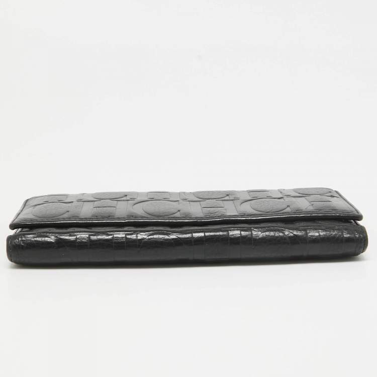 Pre Owned CH Carolina Herrera Black Monogram Embossed Leather Trifold Continental Wallet