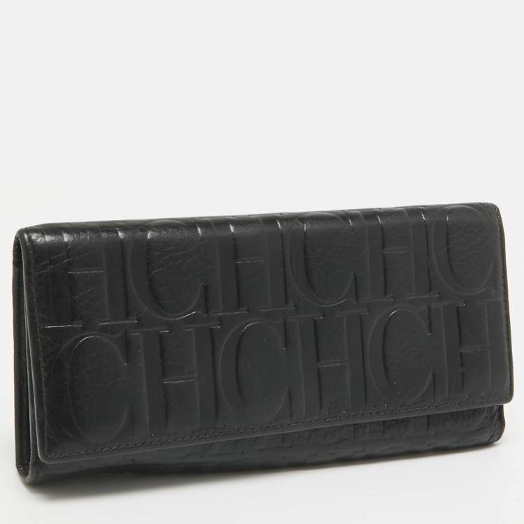 Pre Owned CH Carolina Herrera Black Monogram Embossed Leather Trifold Continental Wallet
