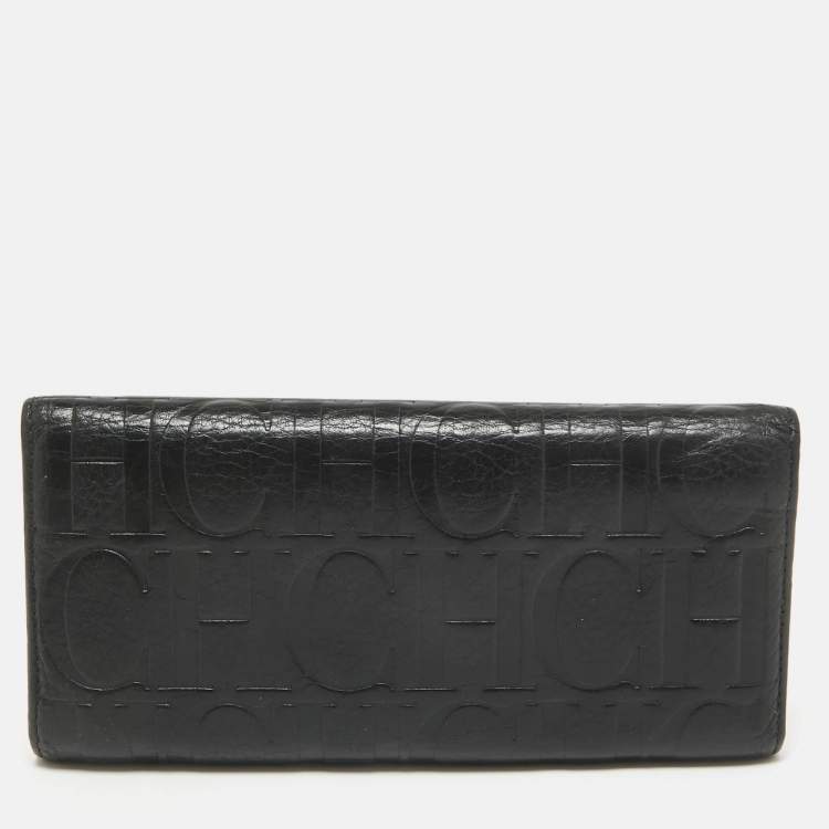 Pre Owned CH Carolina Herrera Black Monogram Embossed Leather Trifold Continental Wallet