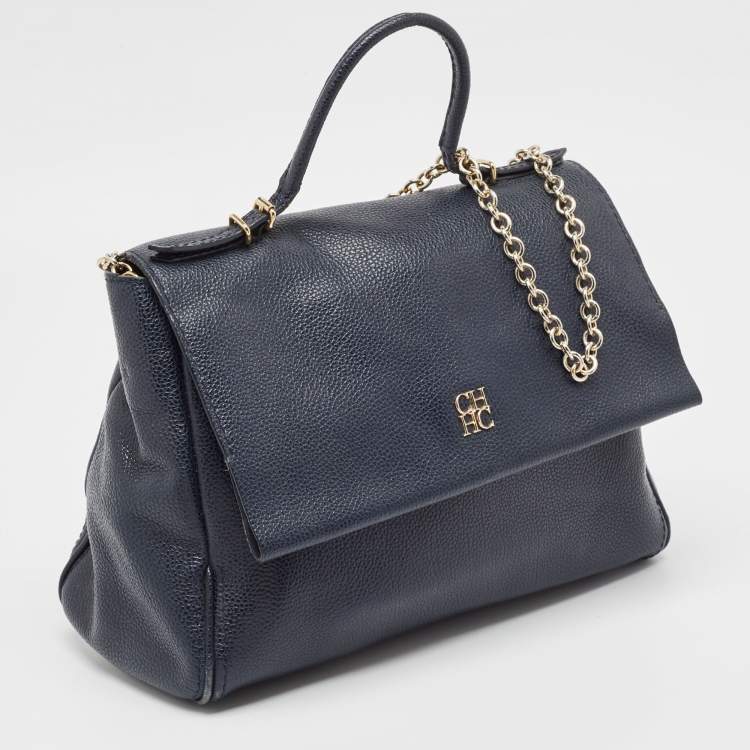 Pre Owned CH Carolina Herrera Blue Leather Minuetto Flap Top Handle Bag