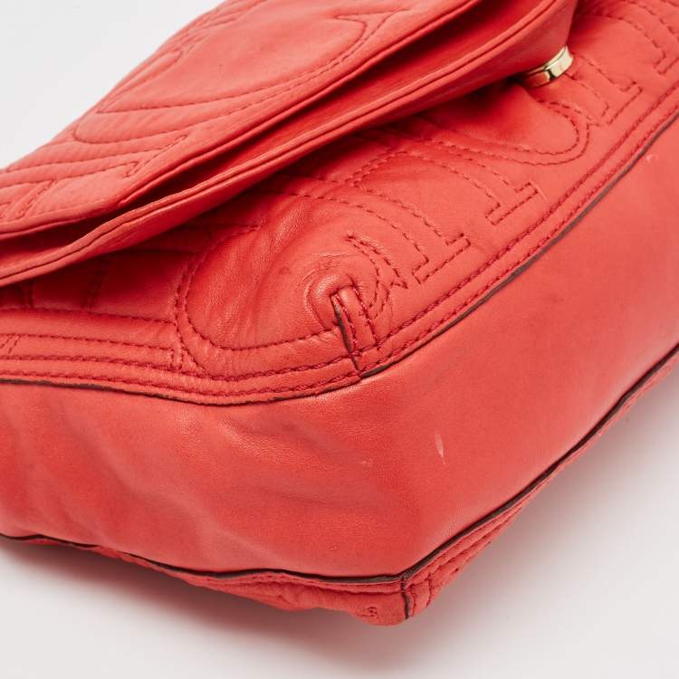 Pre Owned CH Carolina Herrera Red Monogram Leather Double Flap Shoulder Bag