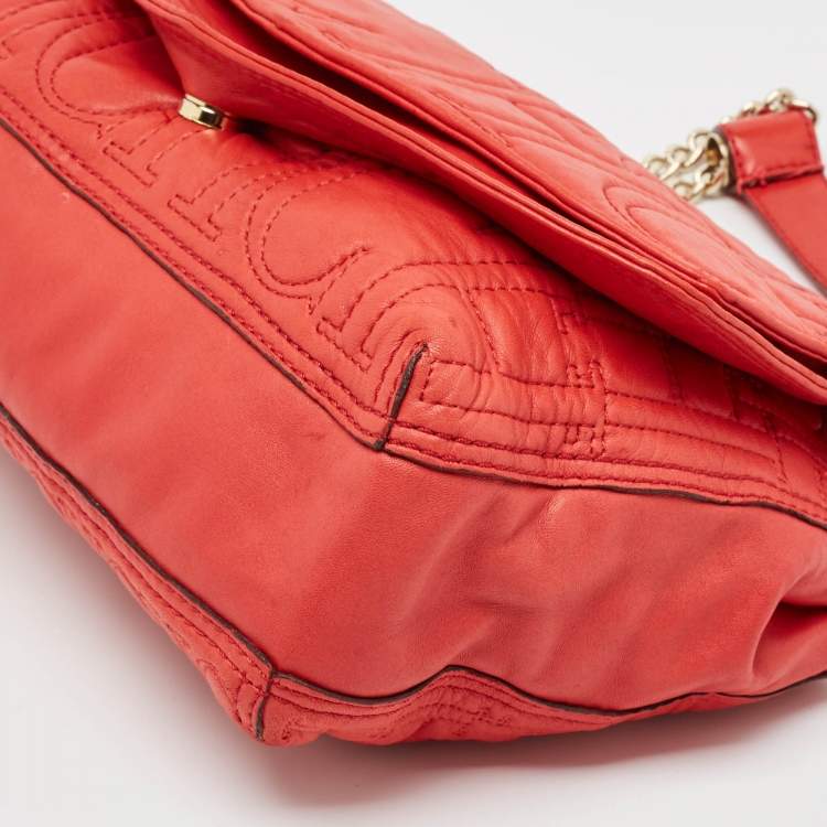 Pre Owned CH Carolina Herrera Red Monogram Leather Double Flap Shoulder Bag