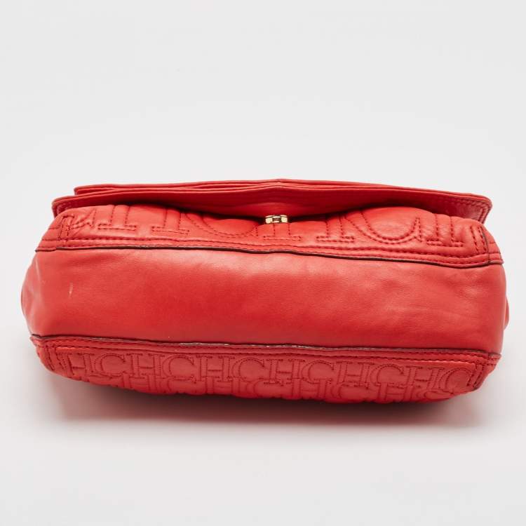 Pre Owned CH Carolina Herrera Red Monogram Leather Double Flap Shoulder Bag