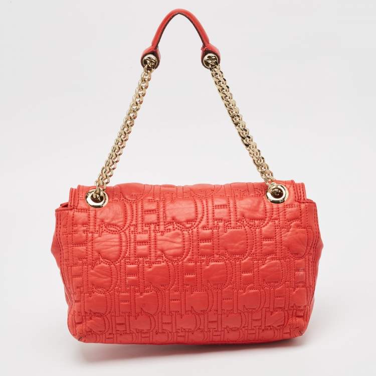 Pre Owned CH Carolina Herrera Red Monogram Leather Double Flap Shoulder Bag