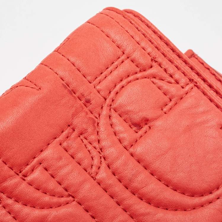 Pre Owned CH Carolina Herrera Red Monogram Leather Double Flap Shoulder Bag