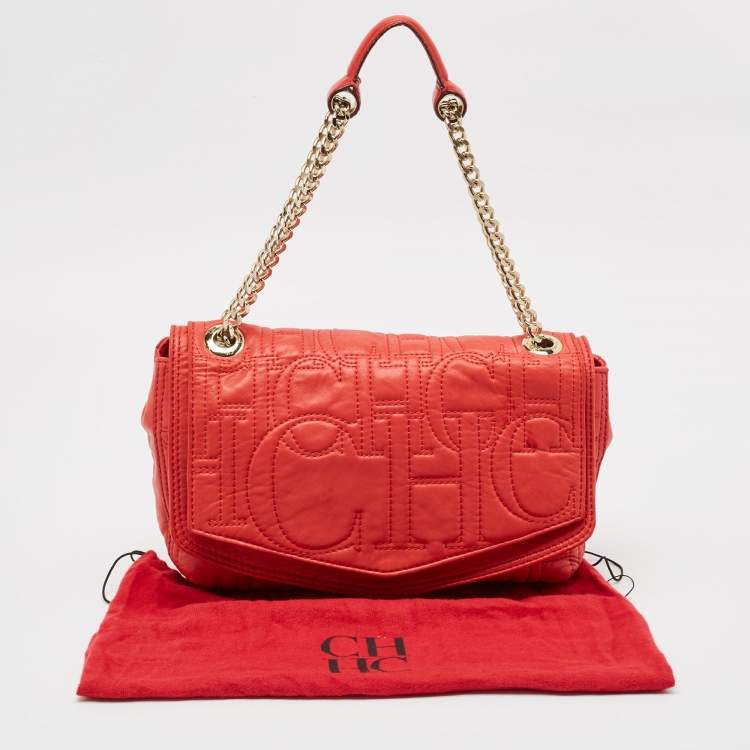 Pre Owned CH Carolina Herrera Red Monogram Leather Double Flap Shoulder Bag