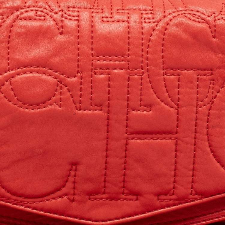 Pre Owned CH Carolina Herrera Red Monogram Leather Double Flap Shoulder Bag