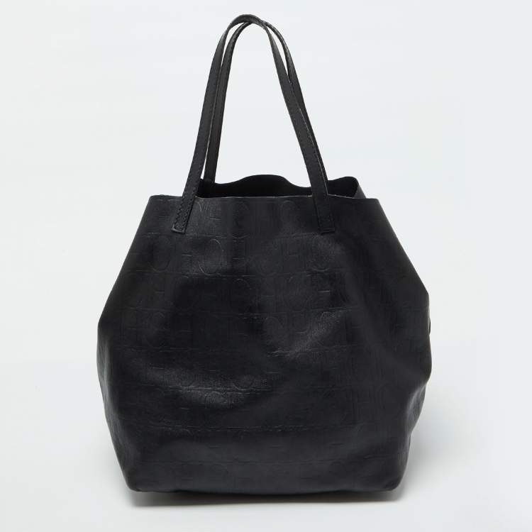 Pre Owned CH Carolina Herrera Black Monogram Leather Matryoshka Tote
