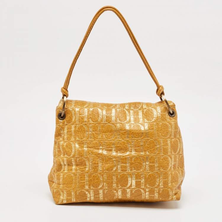 Pre Owned CH Carolina Herrera Yellow Monogram Embossed Leather Shoulder Bag