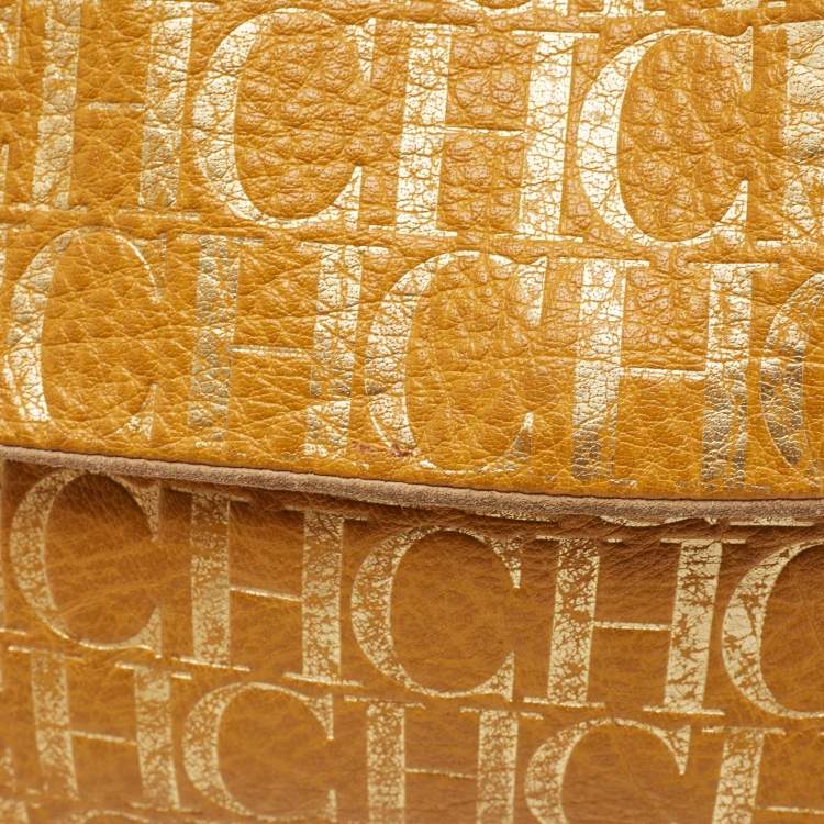 Pre Owned CH Carolina Herrera Yellow Monogram Embossed Leather Shoulder Bag
