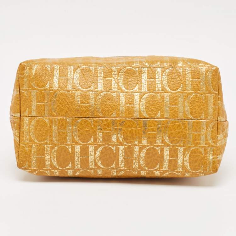 Pre Owned CH Carolina Herrera Yellow Monogram Embossed Leather Shoulder Bag