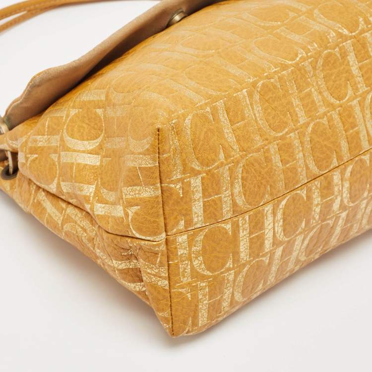 Pre Owned CH Carolina Herrera Yellow Monogram Embossed Leather Shoulder Bag