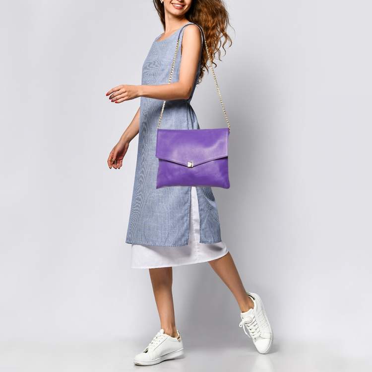 Pre Owned CH Carolina Herrera Purple Leather Chain Flap Shoulder Bag