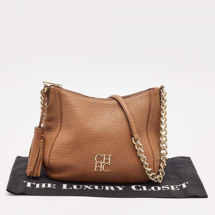 Pre Owned CH Carolina Herrera Brown Pebbled Leather Chain Tassel Shoulder Bag