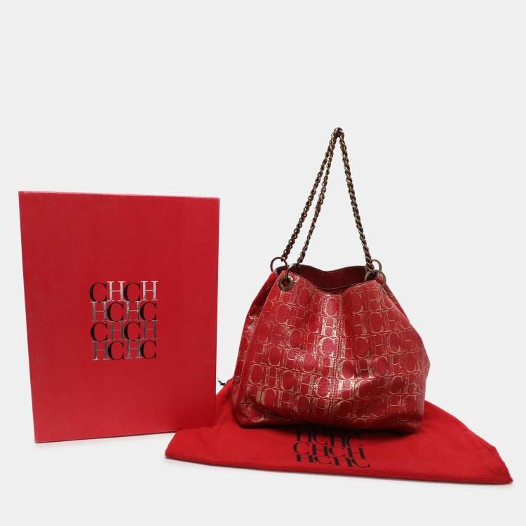 Pre Owned CH Carolina Herrera Red Metallic Monogram Leather Chain Tote