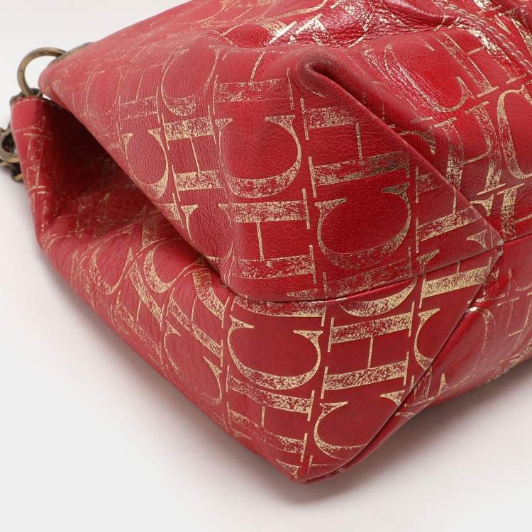 Pre Owned CH Carolina Herrera Red Metallic Monogram Leather Chain Tote
