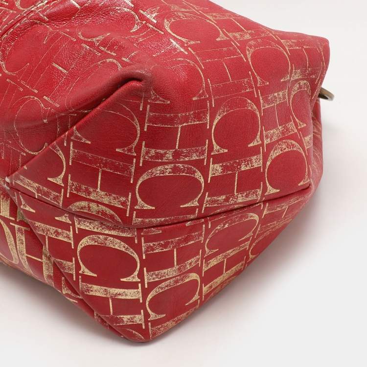 Pre Owned CH Carolina Herrera Red Metallic Monogram Leather Chain Tote