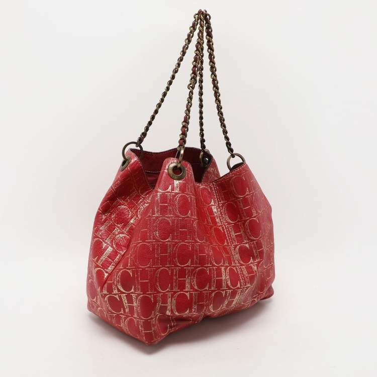 Pre Owned CH Carolina Herrera Red Metallic Monogram Leather Chain Tote
