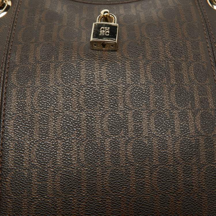 Pre Owned CH Carolina Herrera Brown Monogram Coated Canvas and Leather Dahlia Hobo