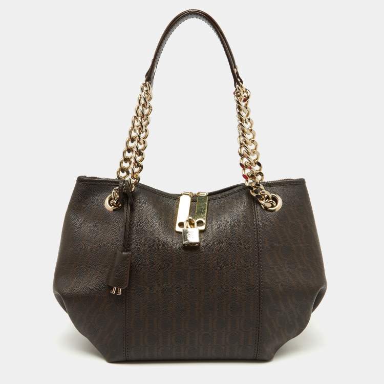 Pre Owned CH Carolina Herrera Brown Monogram Coated Canvas and Leather Dahlia Hobo