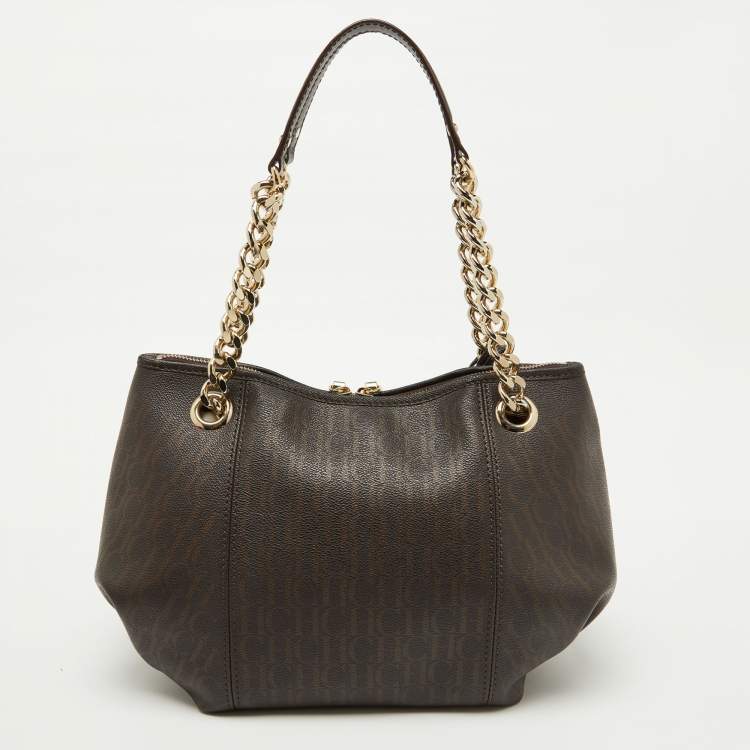 Pre Owned CH Carolina Herrera Brown Monogram Coated Canvas and Leather Dahlia Hobo