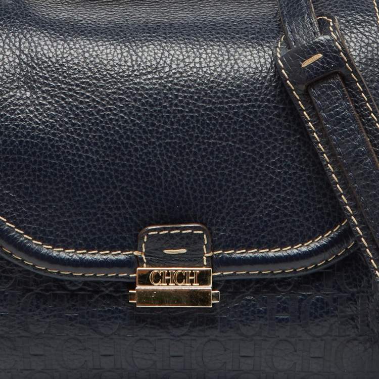 Pre Owned CH Carolina Herrera Navy Blue Monogram Embossed Leather Flap Top Handle Bag
