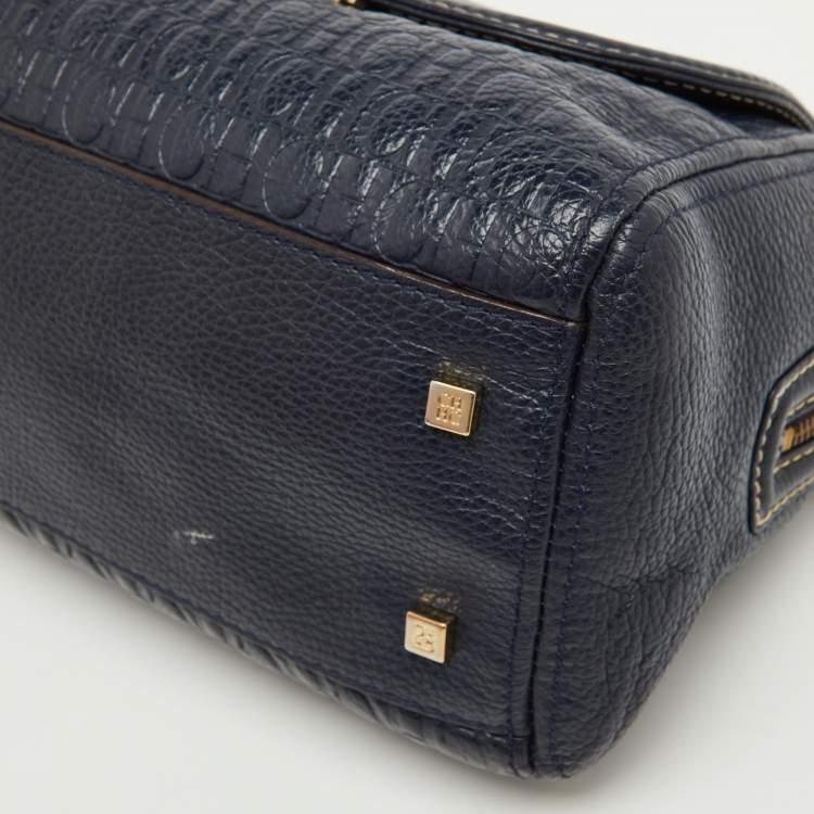 Pre Owned CH Carolina Herrera Navy Blue Monogram Embossed Leather Flap Top Handle Bag