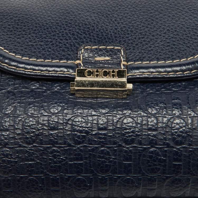 Pre Owned CH Carolina Herrera Navy Blue Monogram Embossed Leather Flap Top Handle Bag