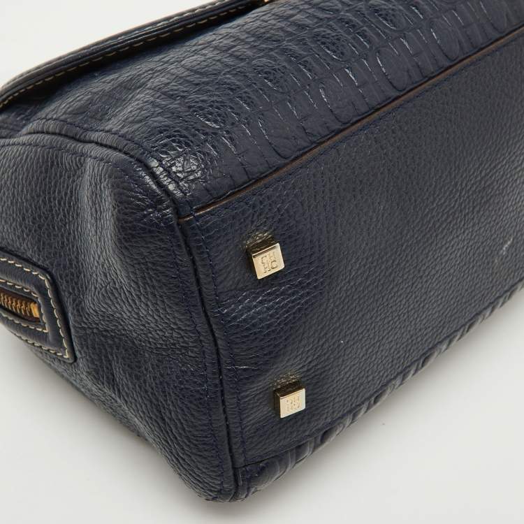 Pre Owned CH Carolina Herrera Navy Blue Monogram Embossed Leather Flap Top Handle Bag