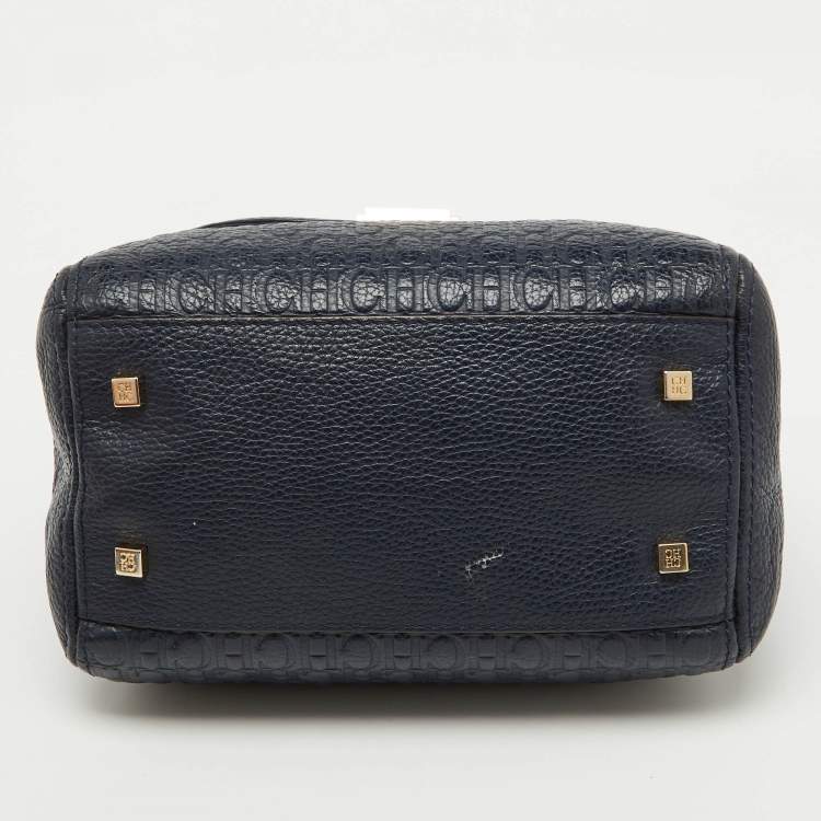 Pre Owned CH Carolina Herrera Navy Blue Monogram Embossed Leather Flap Top Handle Bag