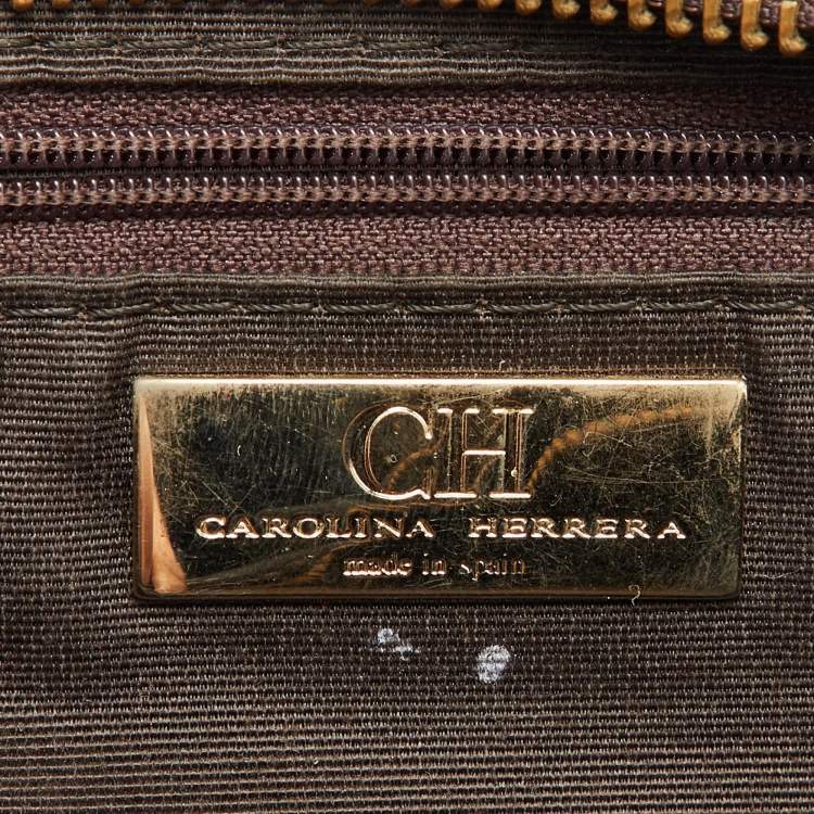 Pre Owned CH Carolina Herrera Navy Blue Monogram Embossed Leather Flap Top Handle Bag