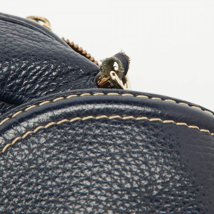 Pre Owned CH Carolina Herrera Navy Blue Monogram Embossed Leather Flap Top Handle Bag