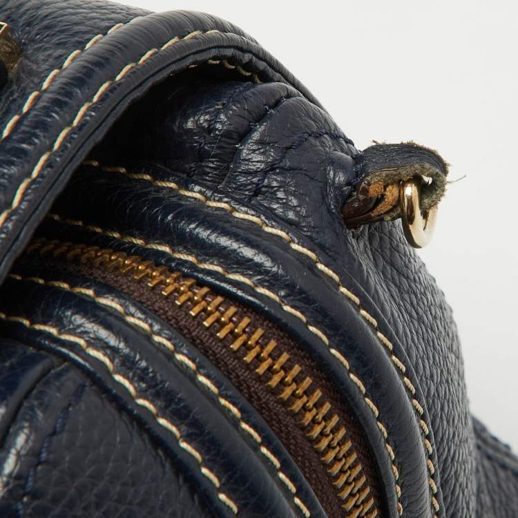 Pre Owned CH Carolina Herrera Navy Blue Monogram Embossed Leather Flap Top Handle Bag