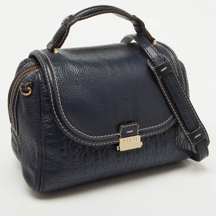 Pre Owned CH Carolina Herrera Navy Blue Monogram Embossed Leather Flap Top Handle Bag