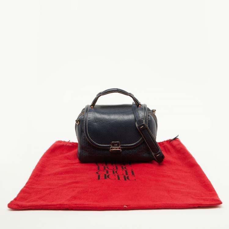 Pre Owned CH Carolina Herrera Navy Blue Monogram Embossed Leather Flap Top Handle Bag